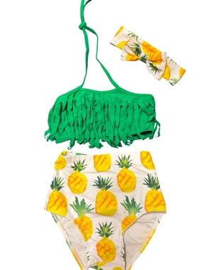 Green Fringe Bikini Set with Pineapple High-Waist Bottom and Headband